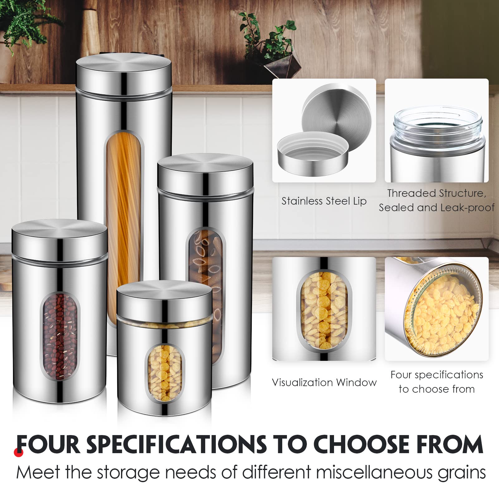 Zopeal 8 Pcs Kitchen Canister Set Stainless Steel Nested Canister Storage Set with Glass Window Airtight Lid Coffee Sugar Tea Storage Jars for Flour Pasta Cookies Spices Grains (Silver)