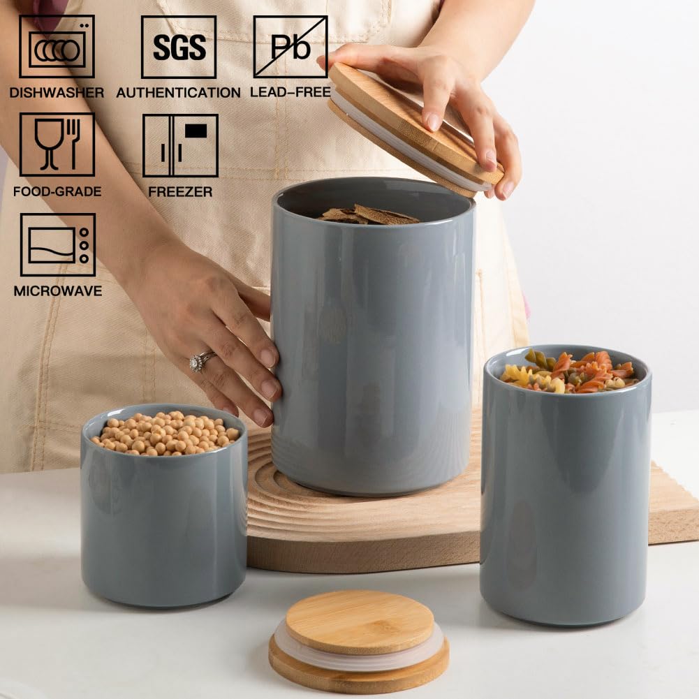 Sweejar Ceramic canisters for kitchen counter,Stackable Food Containers Set with Airtight Seal Bamboo Lid for Serving Ground Coffee, Tea, Spice, Flour and Sugar-Set of 3 (Gray)