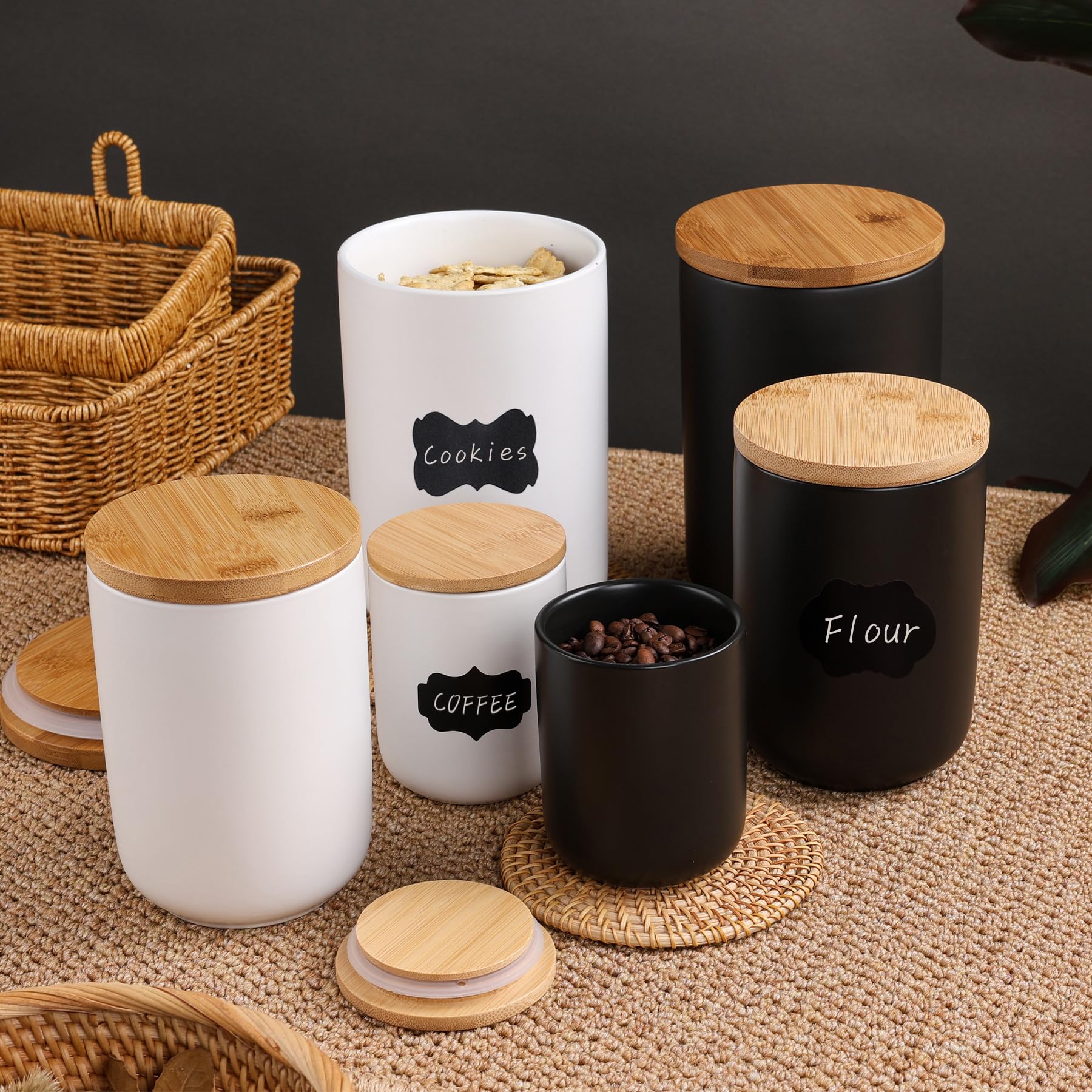 ZEBERBO Kitchen Canisters Airtight set with Bamboo Lid, Ceramic Canister Set of 3, Sugar Flour Coffee Containers for Countertop, Food Storage Container Jars Set for Sugar Tea Flour Sugar Beans