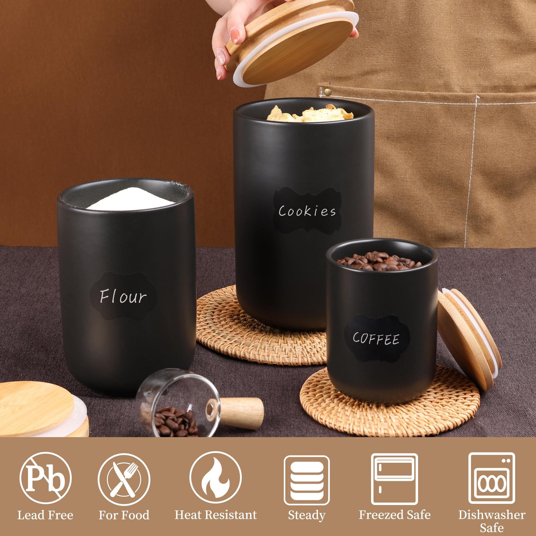 ZEBERBO Kitchen Canisters Airtight set with Bamboo Lid, Ceramic Canister Set of 3, Sugar Flour Coffee Containers for Countertop, Food Storage Container Jars Set for Sugar Tea Flour Sugar Beans