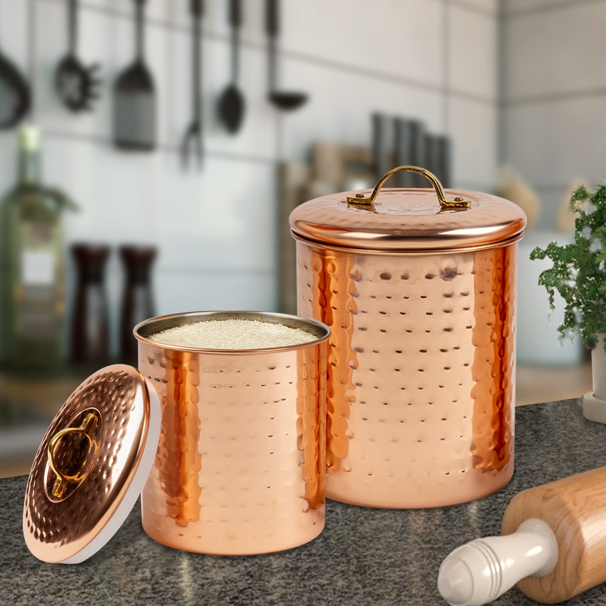 nu steel (Set of 4 Air Tight Copper Plated Antique Food Canister & Caddy - Stainless Steel & Copper: 1, 1.5, 2, & 4 Quart