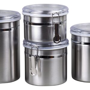 Creative Home Set of 4 Pieces Stainless Steel Kitchen Storage Jar Container Canister with Clear Airtight Lid and Locking Clamp for Food, Cookie, Flour, Sugar, Tea, Coffee Storage