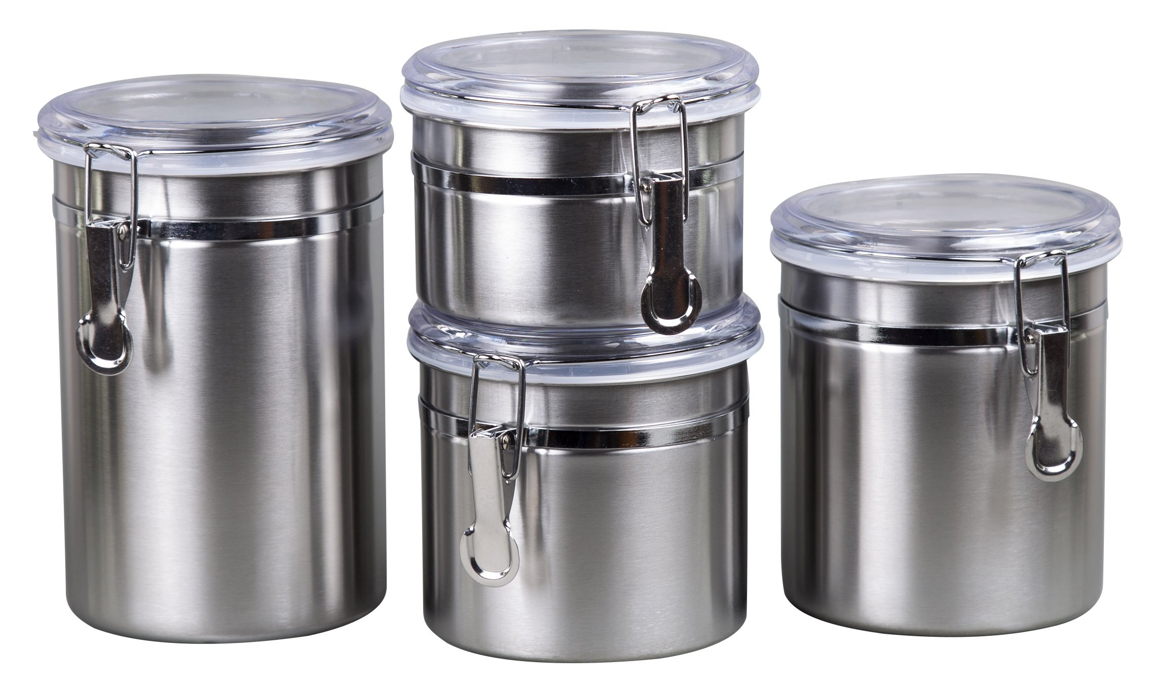 Creative Home Set of 4 Pieces Stainless Steel Kitchen Storage Jar Container Canister with Clear Airtight Lid and Locking Clamp for Food, Cookie, Flour, Sugar, Tea, Coffee Storage