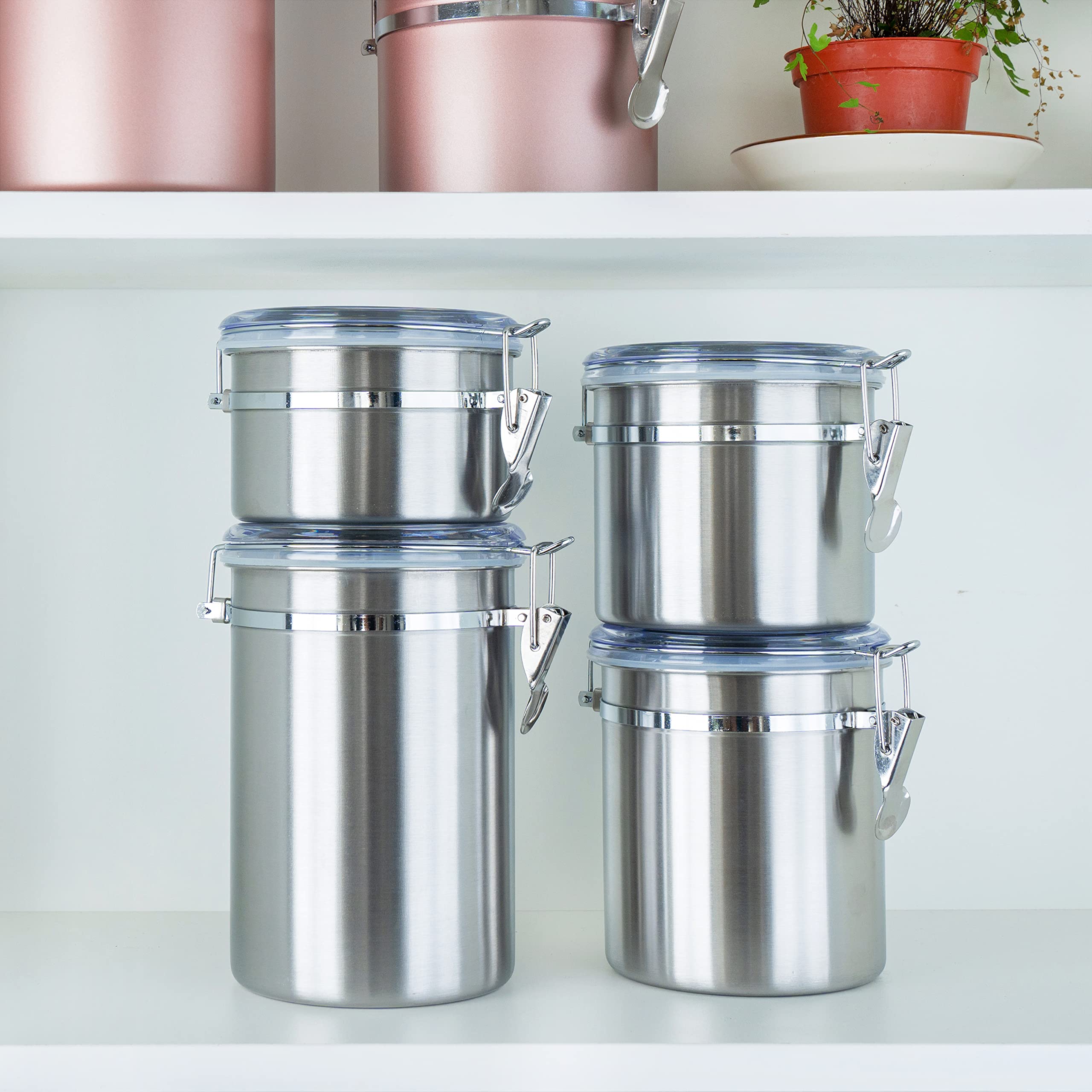 Creative Home Set of 4 Pieces Stainless Steel Kitchen Storage Jar Container Canister with Clear Airtight Lid and Locking Clamp for Food, Cookie, Flour, Sugar, Tea, Coffee Storage