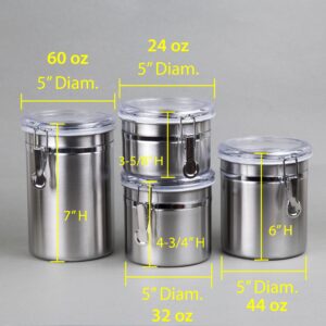 Creative Home Set of 4 Pieces Stainless Steel Kitchen Storage Jar Container Canister with Clear Airtight Lid and Locking Clamp for Food, Cookie, Flour, Sugar, Tea, Coffee Storage