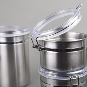 Creative Home Set of 4 Pieces Stainless Steel Kitchen Storage Jar Container Canister with Clear Airtight Lid and Locking Clamp for Food, Cookie, Flour, Sugar, Tea, Coffee Storage