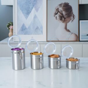 Creative Home Set of 4 Pieces Stainless Steel Kitchen Storage Jar Container Canister with Clear Airtight Lid and Locking Clamp for Food, Cookie, Flour, Sugar, Tea, Coffee Storage