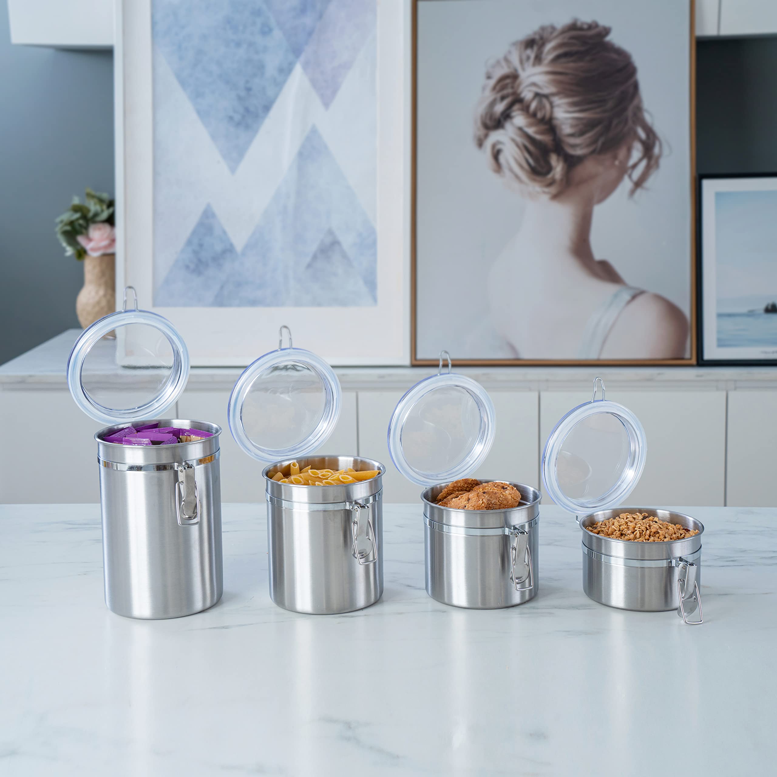 Creative Home Set of 4 Pieces Stainless Steel Kitchen Storage Jar Container Canister with Clear Airtight Lid and Locking Clamp for Food, Cookie, Flour, Sugar, Tea, Coffee Storage