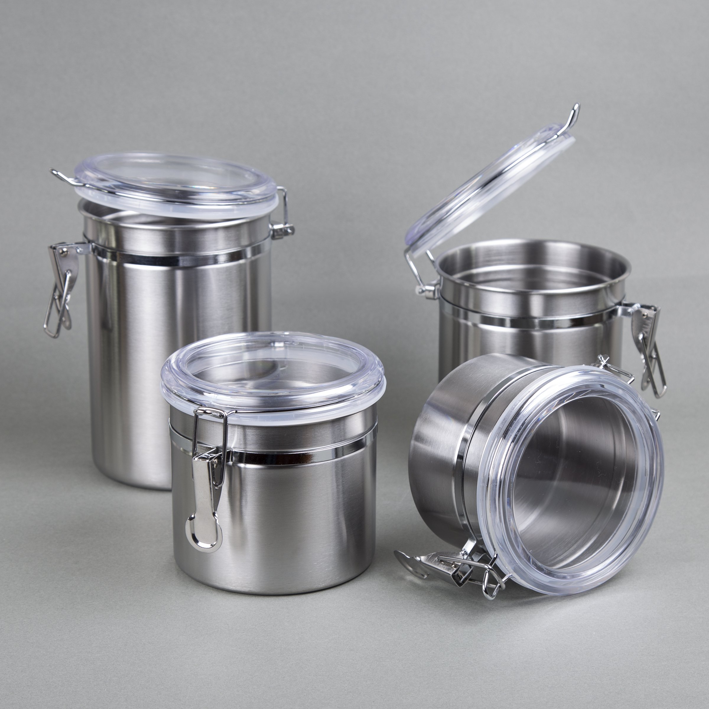 Creative Home Set of 4 Pieces Stainless Steel Kitchen Storage Jar Container Canister with Clear Airtight Lid and Locking Clamp for Food, Cookie, Flour, Sugar, Tea, Coffee Storage