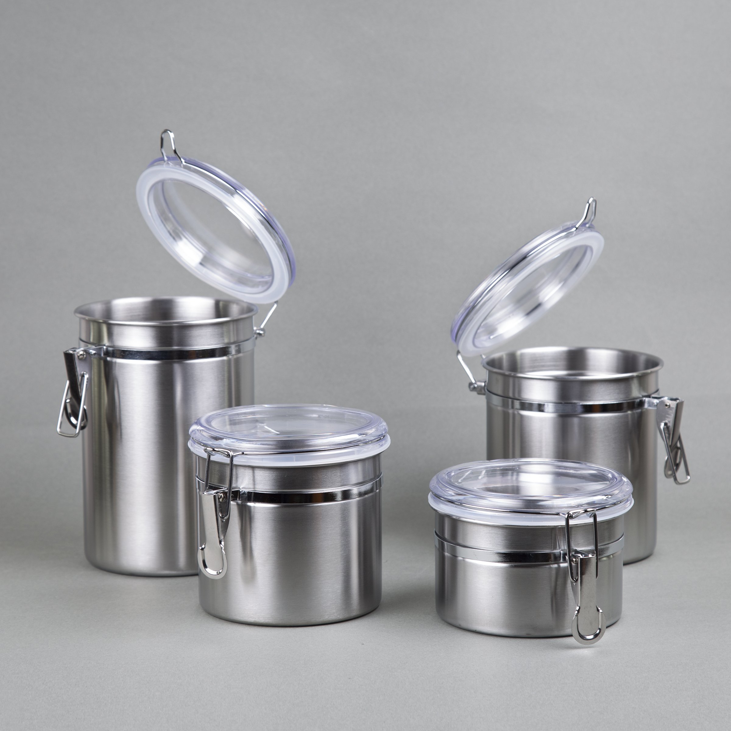 Creative Home Set of 4 Pieces Stainless Steel Kitchen Storage Jar Container Canister with Clear Airtight Lid and Locking Clamp for Food, Cookie, Flour, Sugar, Tea, Coffee Storage