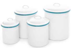 crow canyon home enamelware canister set, 4 piece, vintage white/turquoise