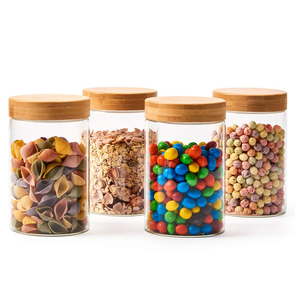 EZOWare Set of 4 Airtight Glass Jars, 46 Fl oz Large Storage Clear Canister Container Set with Bamboo Lid for for Storing Candy, Cookie, Rice, Sugar, Flour, Spices, Nuts, Coffee, Pasta