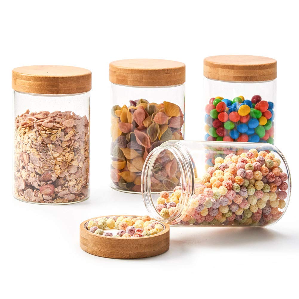 EZOWare Set of 4 Airtight Glass Jars, 46 Fl oz Large Storage Clear Canister Container Set with Bamboo Lid for for Storing Candy, Cookie, Rice, Sugar, Flour, Spices, Nuts, Coffee, Pasta