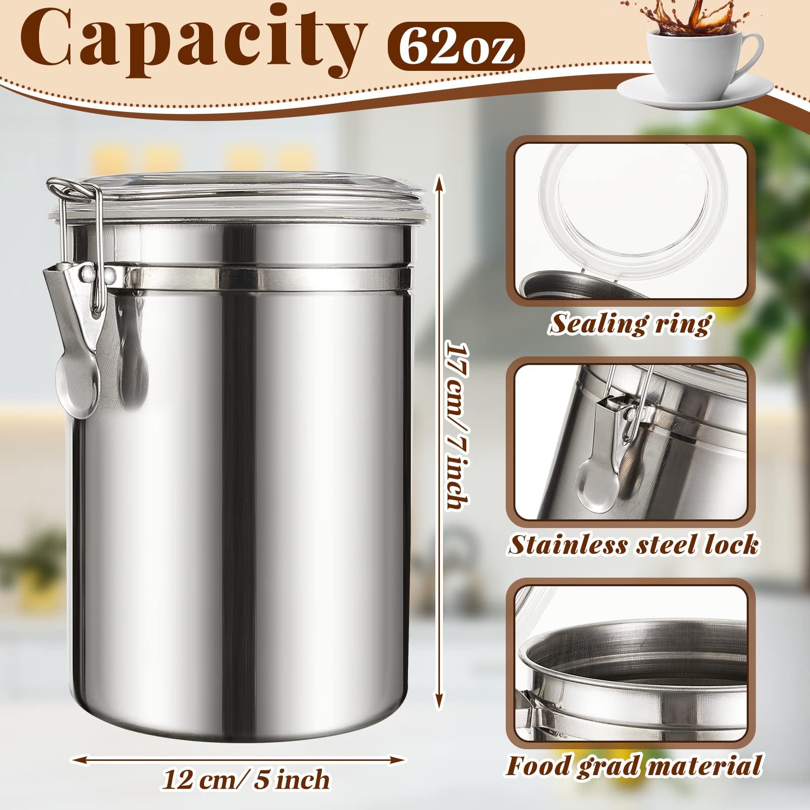 Lallisa 6 Pcs Stainless Steel Canisters 62 oz Stainless Steel Containers with Lids Food Storage Container with Airtight Clamp Lid Coffee Containers for Tea Sugar Coffee Flour Kitchen Counters