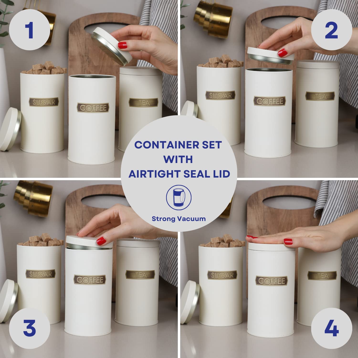 SARKAP Canisters Sets for The Kitchen – 3 Piece Kitchen Canisters for Countertop, Coffee Canister Tea Flour and Sugar Containers with Lids, Set of 3 Canisters Sets For The Kitchen (34Oz) (White)