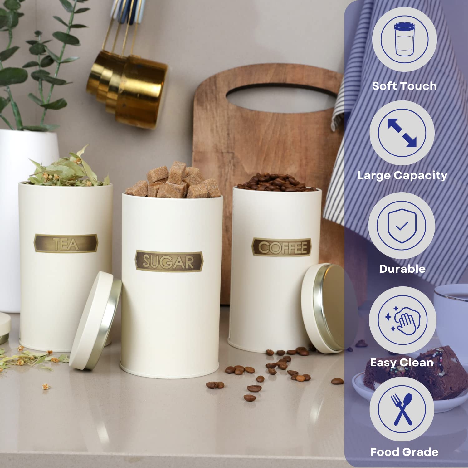 SARKAP Canisters Sets for The Kitchen – 3 Piece Kitchen Canisters for Countertop, Coffee Canister Tea Flour and Sugar Containers with Lids, Set of 3 Canisters Sets For The Kitchen (34Oz) (White)