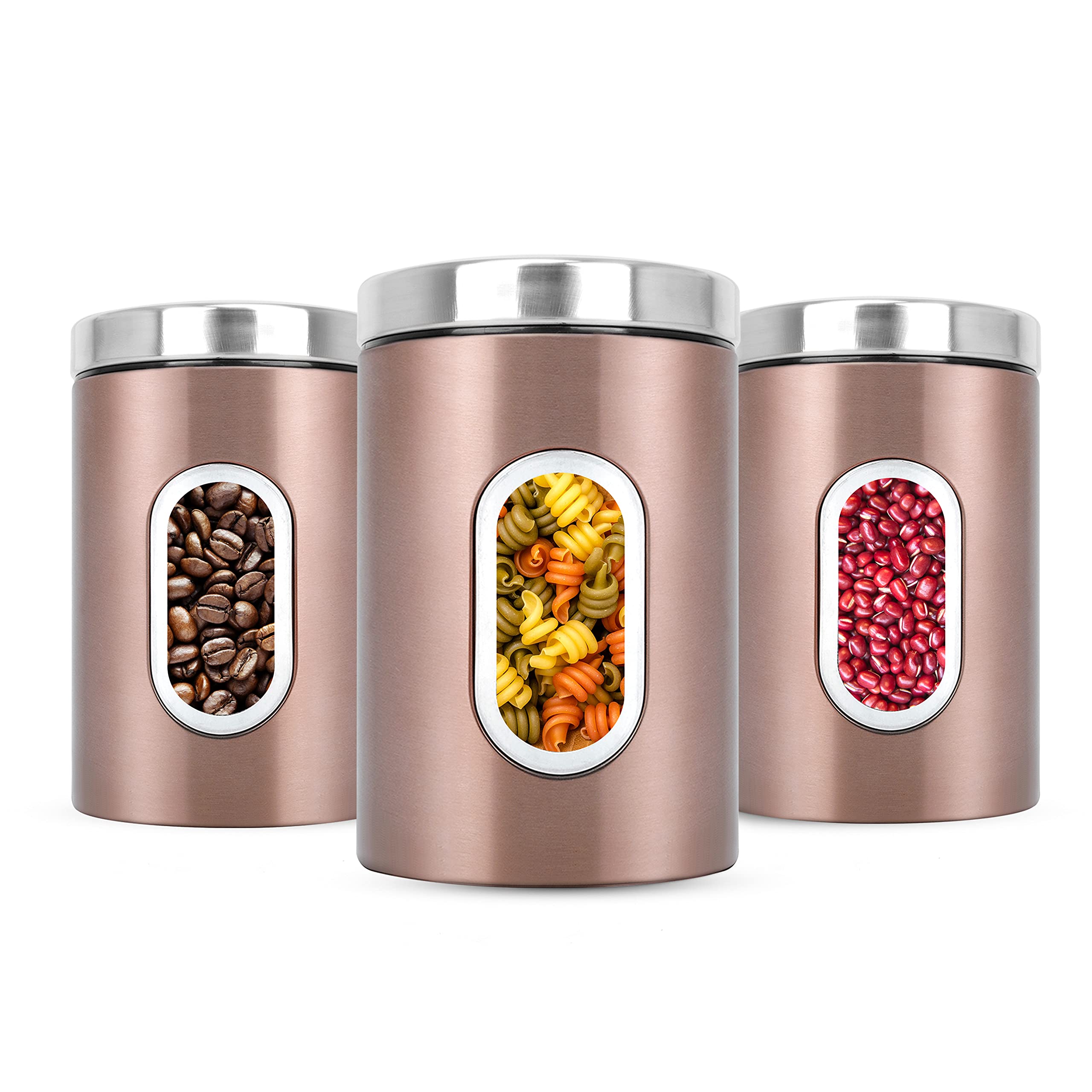 JENNIMER Kitchen Canisters Set of 3,Stainless Steel with Transparent Windows for Sugar Food Tea Coffee Candy Storage (Champaign Gold)