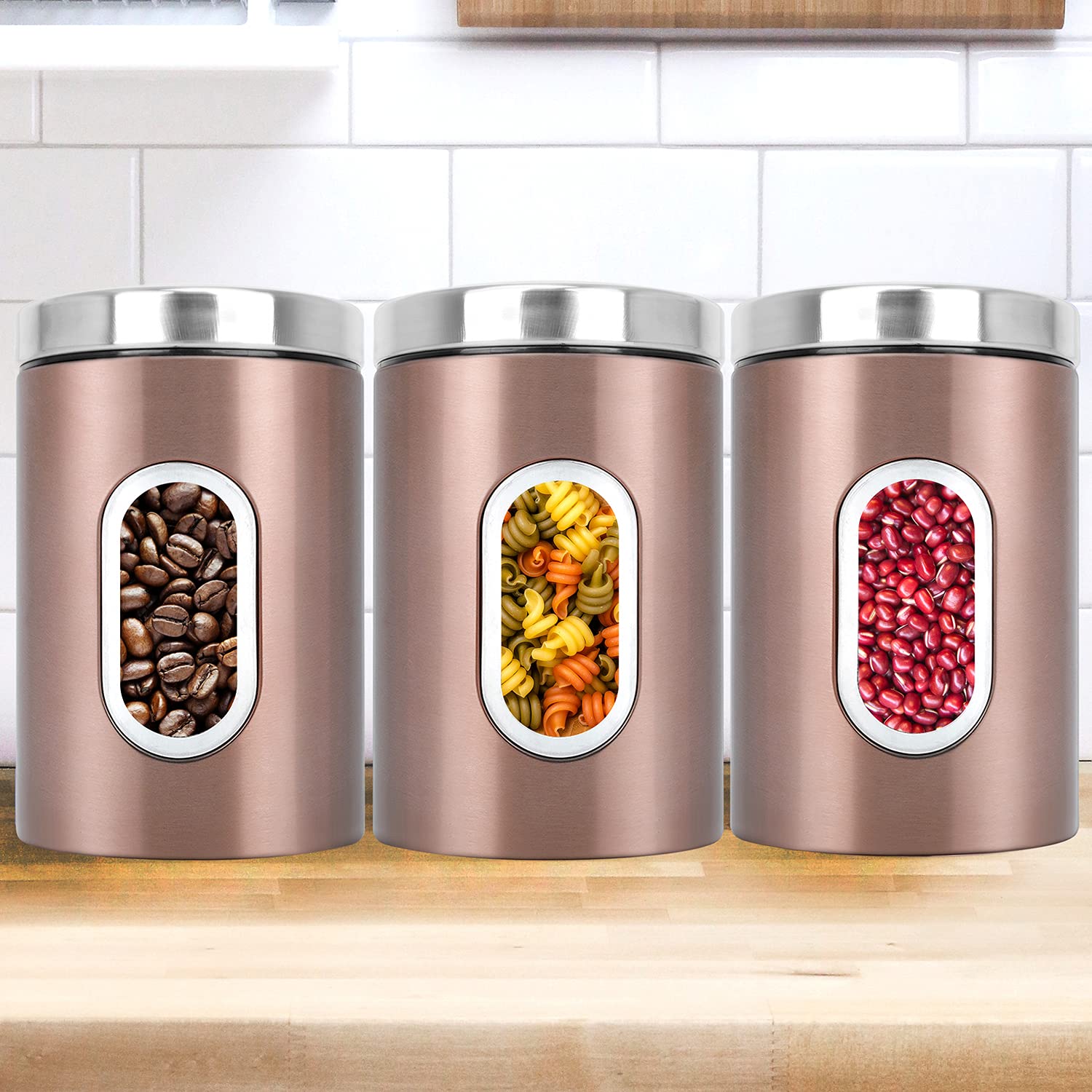 JENNIMER Kitchen Canisters Set of 3,Stainless Steel with Transparent Windows for Sugar Food Tea Coffee Candy Storage (Champaign Gold)