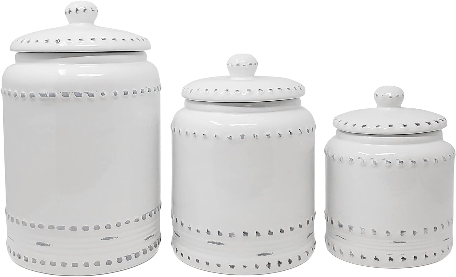 Kovot 3 Piece Ceramic Canister Set With Air-Sealed Lids & Bonus Decal Labeling Stickers - Ivory White With Antique-Style Finish 3 Sizes (108oz, 86oz, & 40oz)