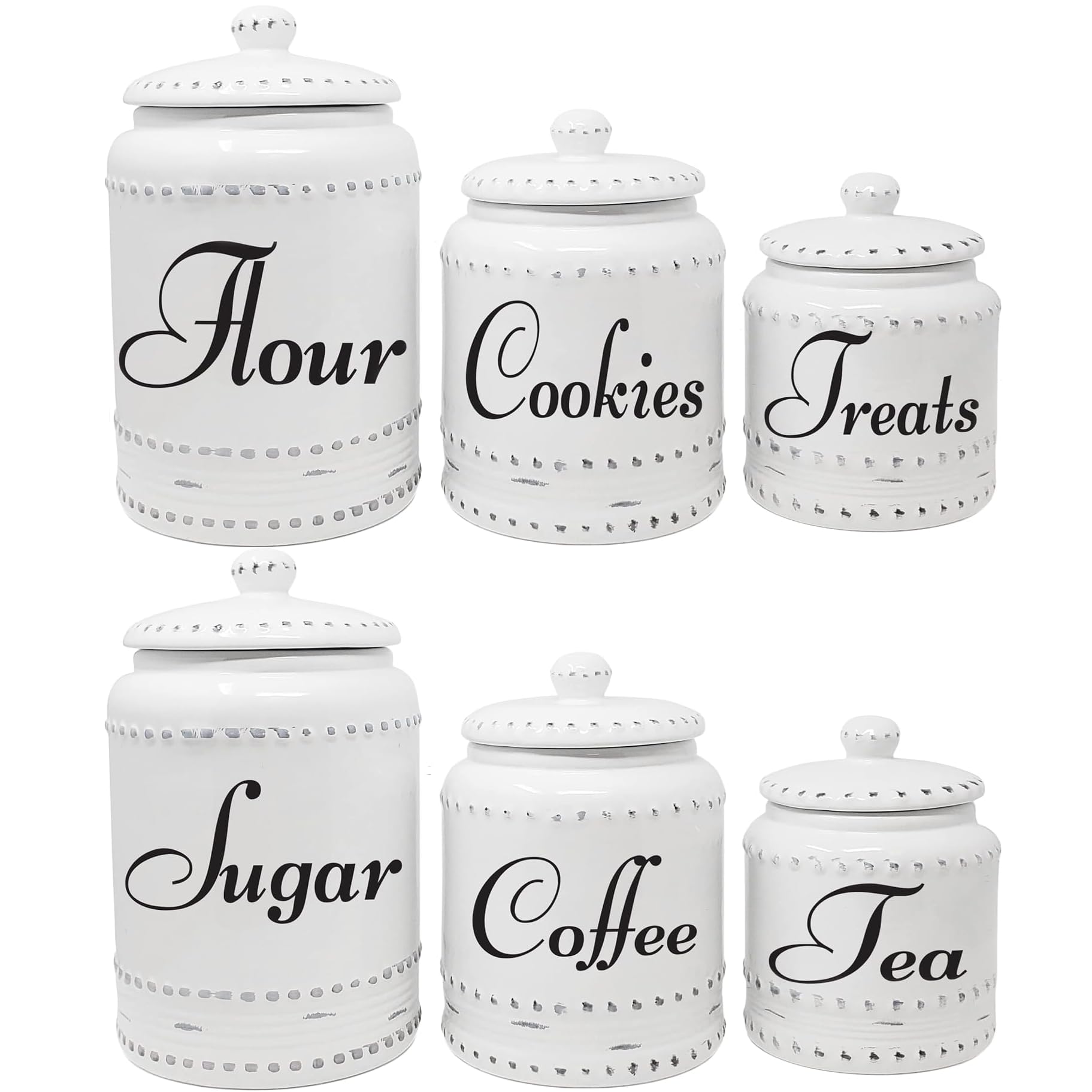 Kovot 3 Piece Ceramic Canister Set With Air-Sealed Lids & Bonus Decal Labeling Stickers - Ivory White With Antique-Style Finish 3 Sizes (108oz, 86oz, & 40oz)