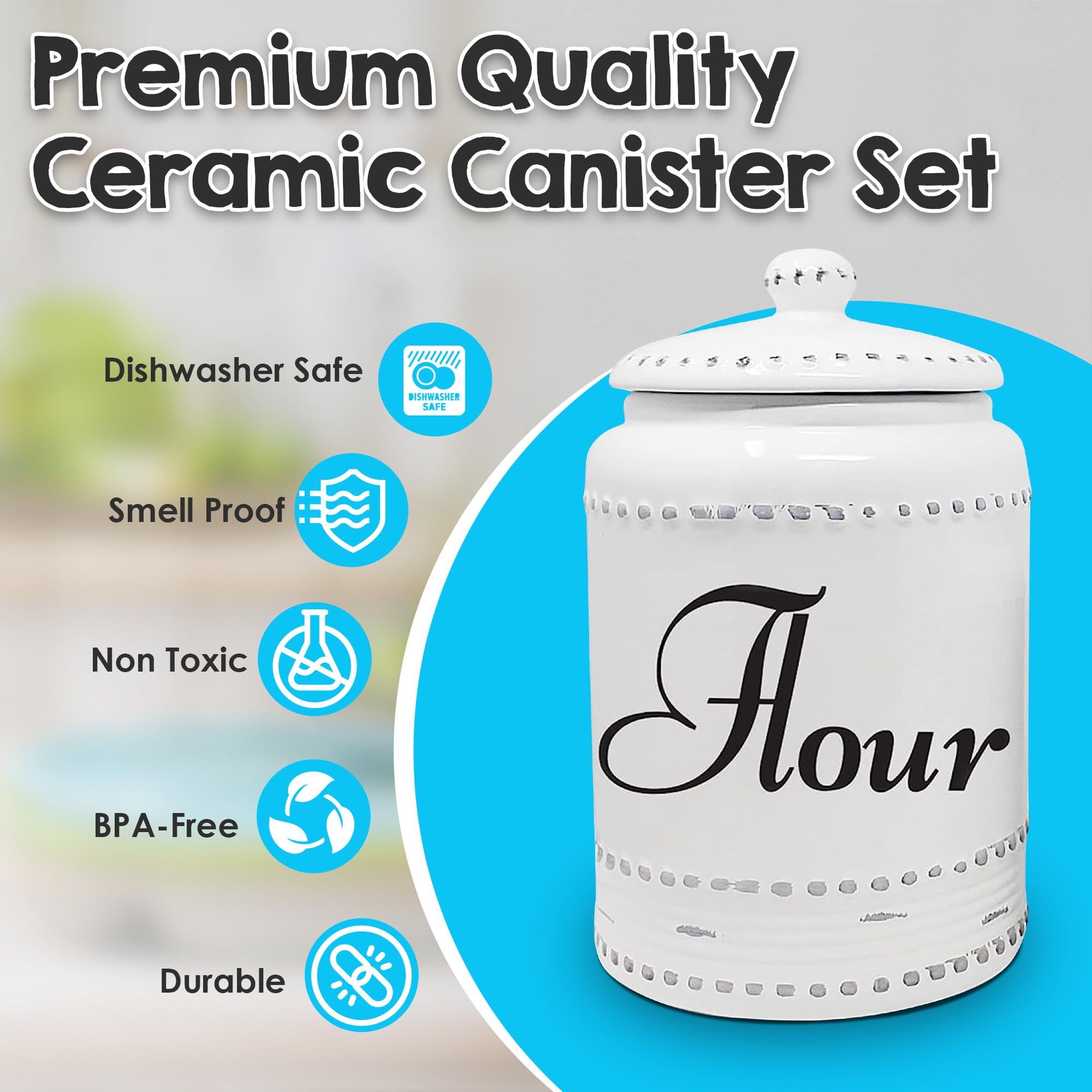 Kovot 3 Piece Ceramic Canister Set With Air-Sealed Lids & Bonus Decal Labeling Stickers - Ivory White With Antique-Style Finish 3 Sizes (108oz, 86oz, & 40oz)