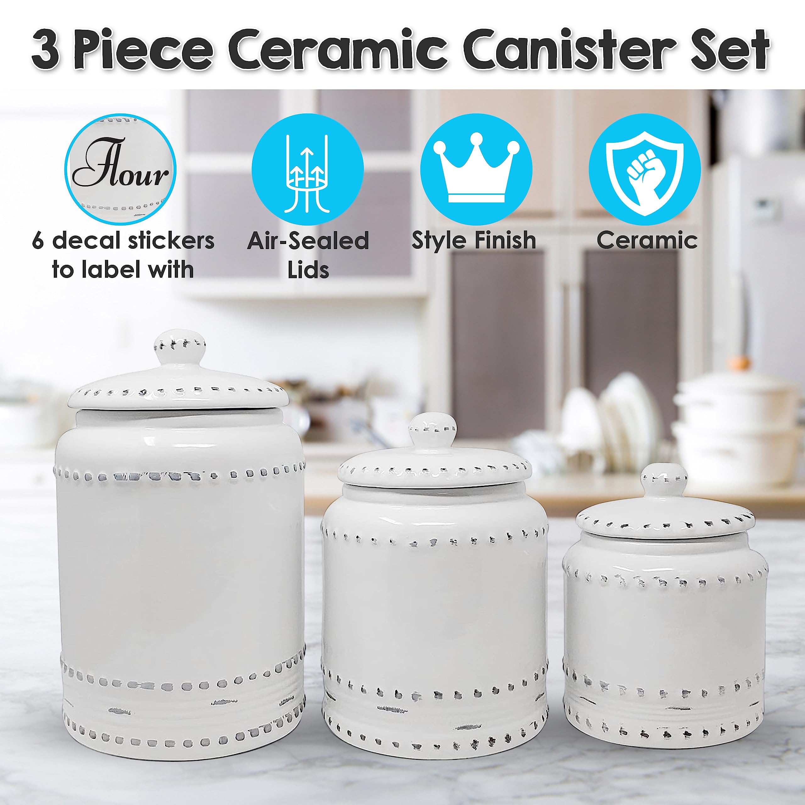 Kovot 3 Piece Ceramic Canister Set With Air-Sealed Lids & Bonus Decal Labeling Stickers - Ivory White With Antique-Style Finish 3 Sizes (108oz, 86oz, & 40oz)