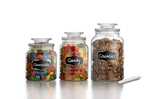 Godinger Airtight Glass Canisters Set of 3 - Round Clear Storage Containers with Sealed Lids, Chalkboard Jar Set of 3, Chalk Included – Perfect Housewarming Gift