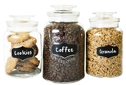 Godinger Airtight Glass Canisters Set of 3 - Round Clear Storage Containers with Sealed Lids, Chalkboard Jar Set of 3, Chalk Included – Perfect Housewarming Gift