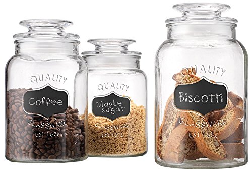 Godinger Airtight Glass Canisters Set of 3 - Round Clear Storage Containers with Sealed Lids, Chalkboard Jar Set of 3, Chalk Included – Perfect Housewarming Gift