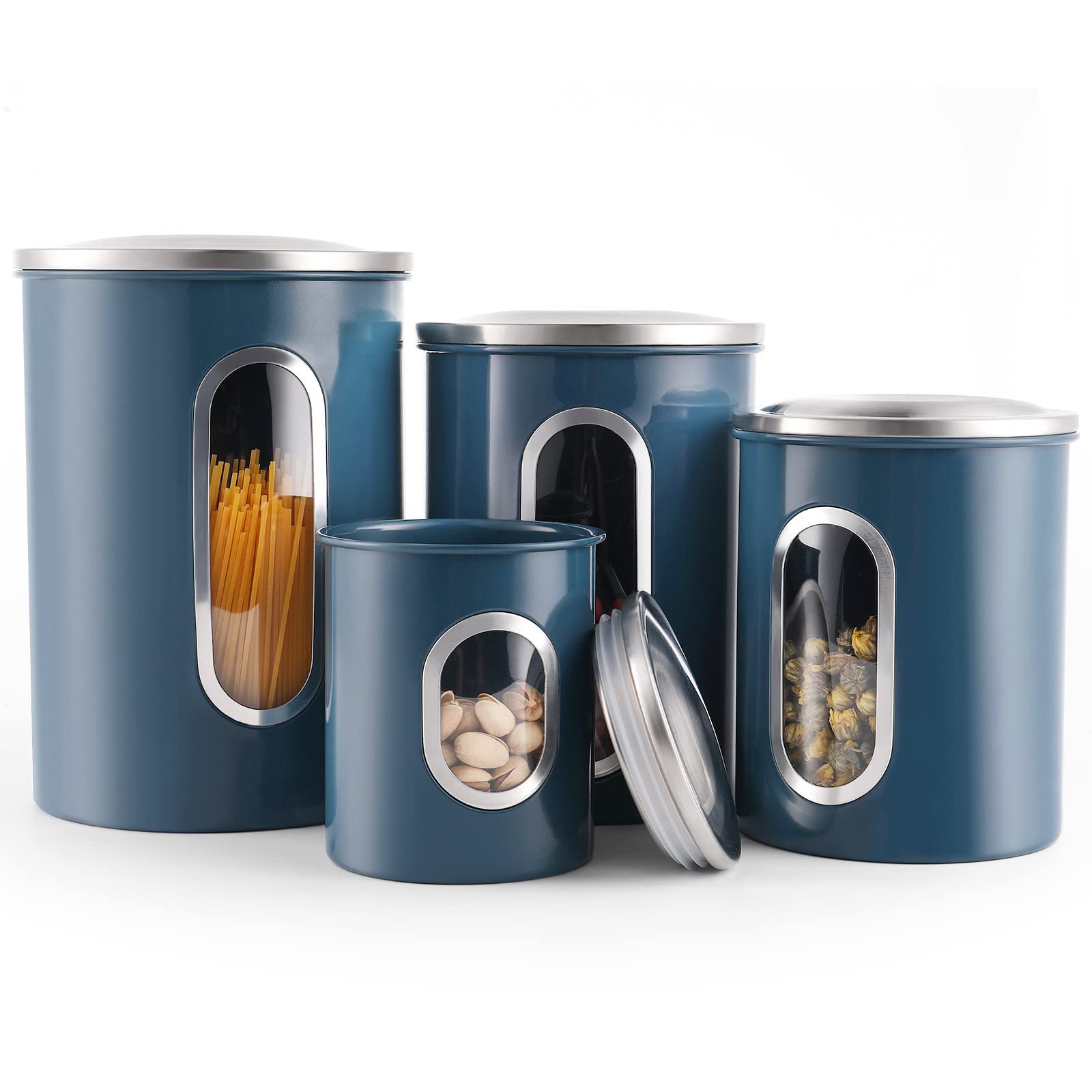 malmo 4 Piece Canisters Food Container with Window, Anti-Fingerprint Lids, Kitchen keeps Coffee, Grains and Flour, Slate Blue