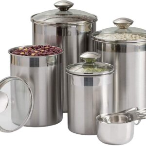 Kitchen Canister Set - Airtight Stainless Steel Canisters with Glass Lids - Clear See-Thru Top - Containers Set for Kitchen - Ideal for Food, Flour, Sugar, Coffee, Tea & Pantry Storage (8 Piece Large)