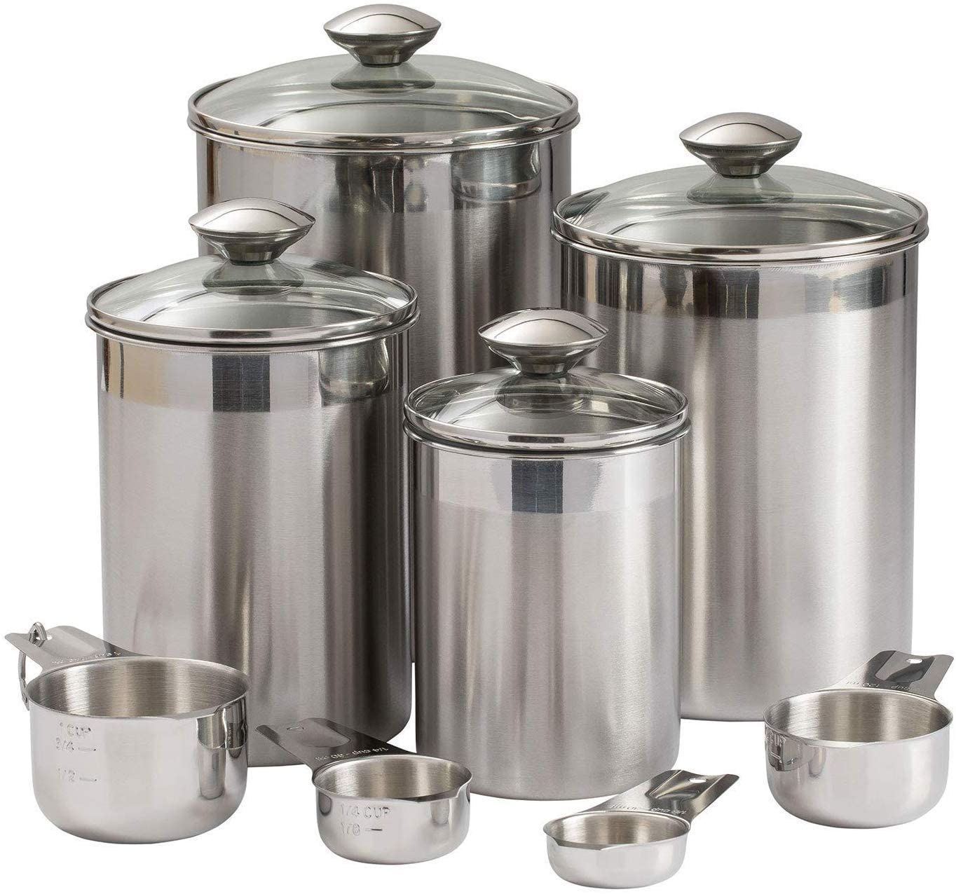 Kitchen Canister Set - Airtight Stainless Steel Canisters with Glass Lids - Clear See-Thru Top - Containers Set for Kitchen - Ideal for Food, Flour, Sugar, Coffee, Tea & Pantry Storage (8 Piece Large)