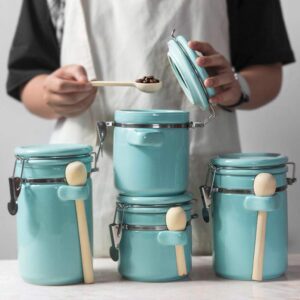 Foraineam 4-Piece Ceramic Canister Set Airtight Food Storage Container with Clamp Top Lid and Wooden Spoon