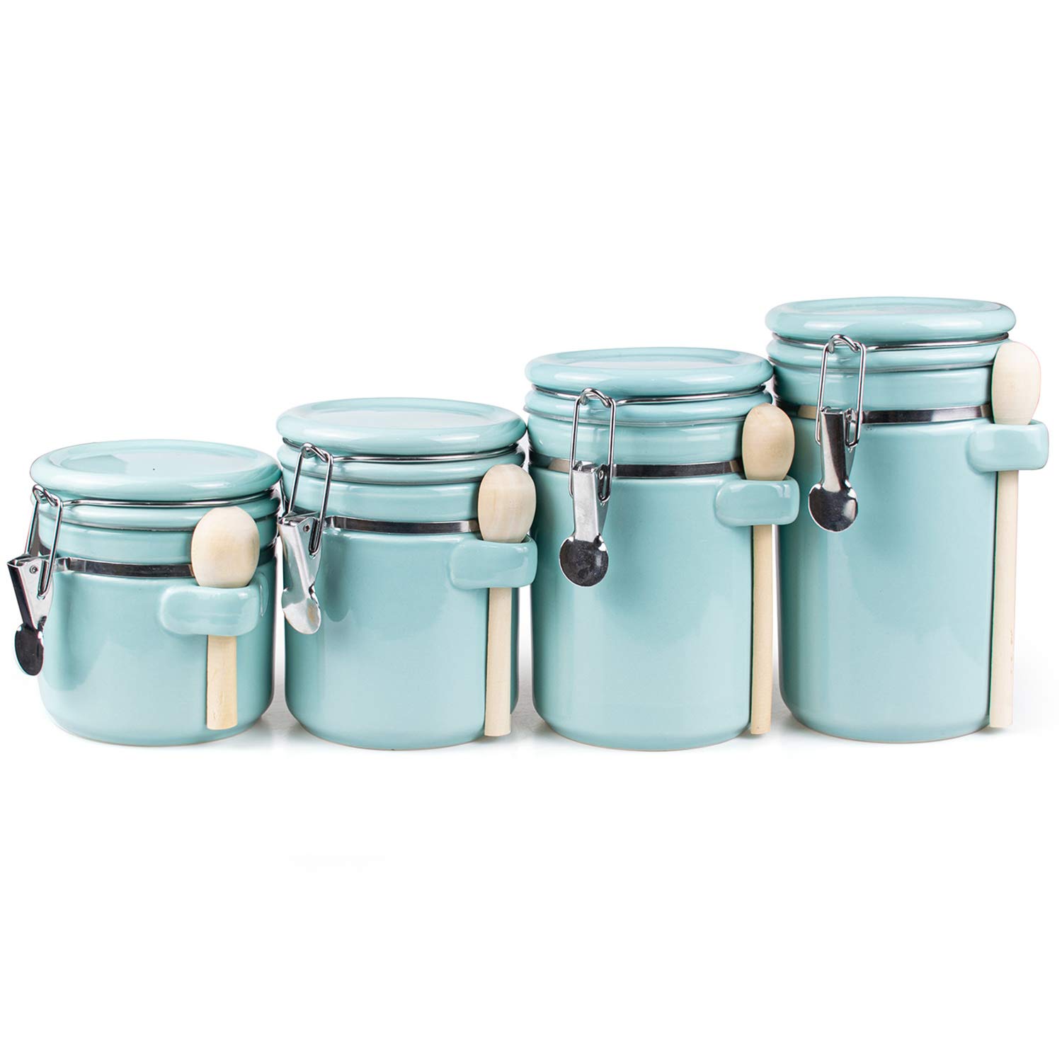 Foraineam 4-Piece Ceramic Canister Set Airtight Food Storage Container with Clamp Top Lid and Wooden Spoon