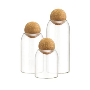 aefpoymxu 3 pcs glass jars with cork ball lid set kitchen food terrarium airtight clear storage canisters with wooden lids for cookie candy coffee bean spice sugar rice