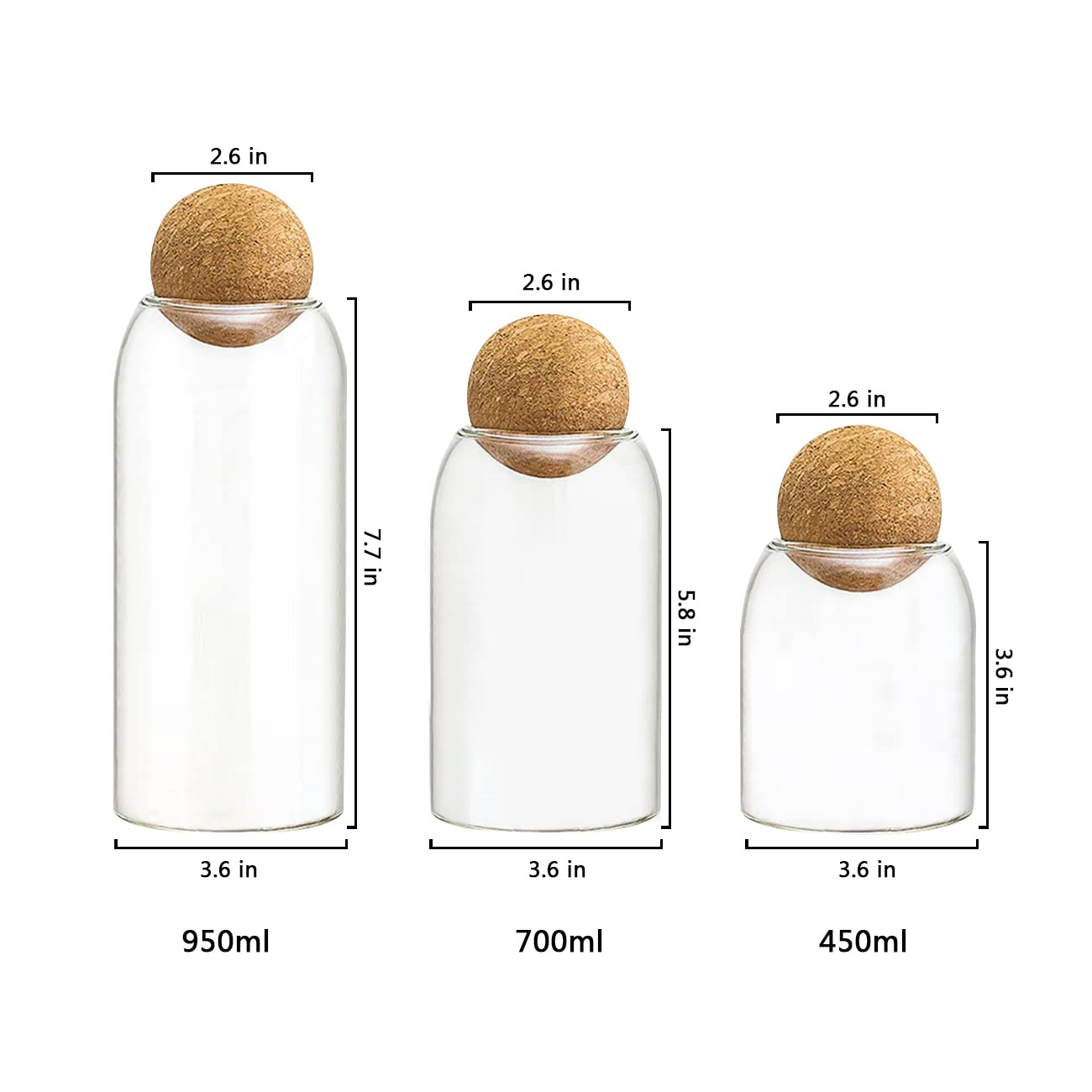 AEFPOYMXU 3 Pcs Glass Jars with Cork Ball Lid Set Kitchen Food Terrarium Airtight Clear Storage Canisters with Wooden Lids for Cookie Candy Coffee Bean Spice Sugar Rice