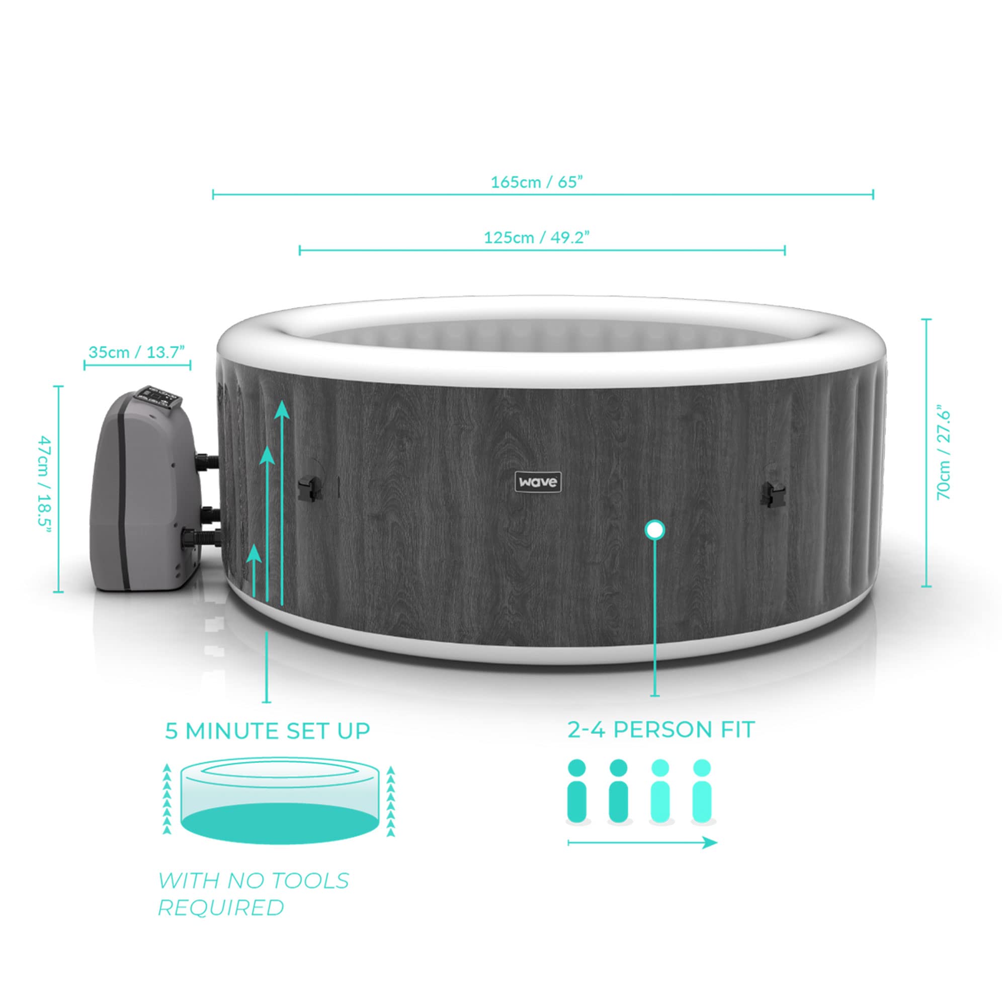 Wave Spa Atlantic 2-4 Person Round Inflatable Hot Tub, Fast Heating Portable Outdoor Hot Tub Spa with 105 Massaging Air Jets, Protective Cover, Pump and Integrated Filters in Gray Wood Print