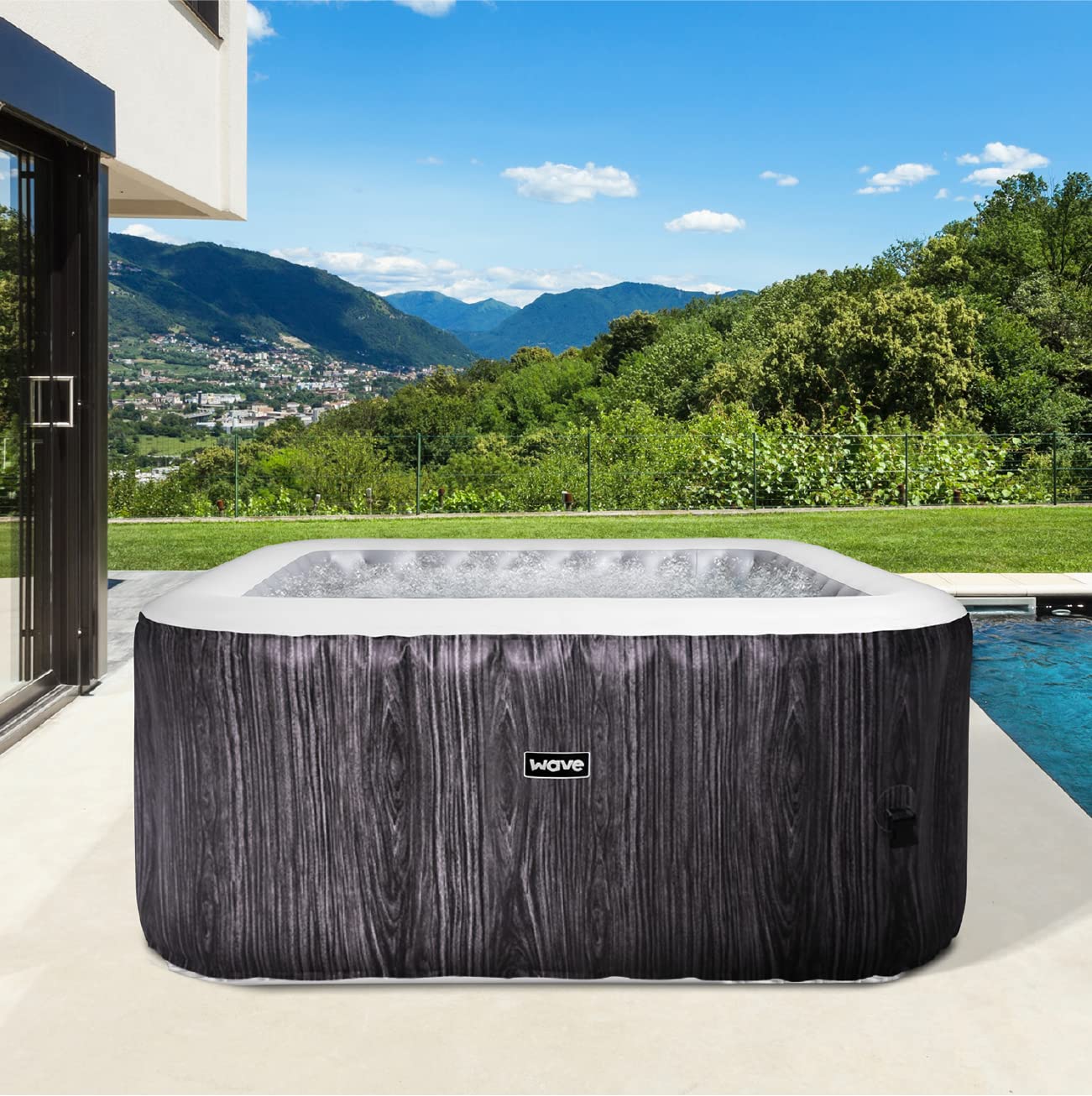 Wave Spa Pacific 2-4 Person Square Inflatable Hot Tub, Fast Heating Portable Outdoor Hot Tub Spa with 95 Massaging Air Jets, Protective Cover, Pump and Integrated Filters in Gray Wood Print