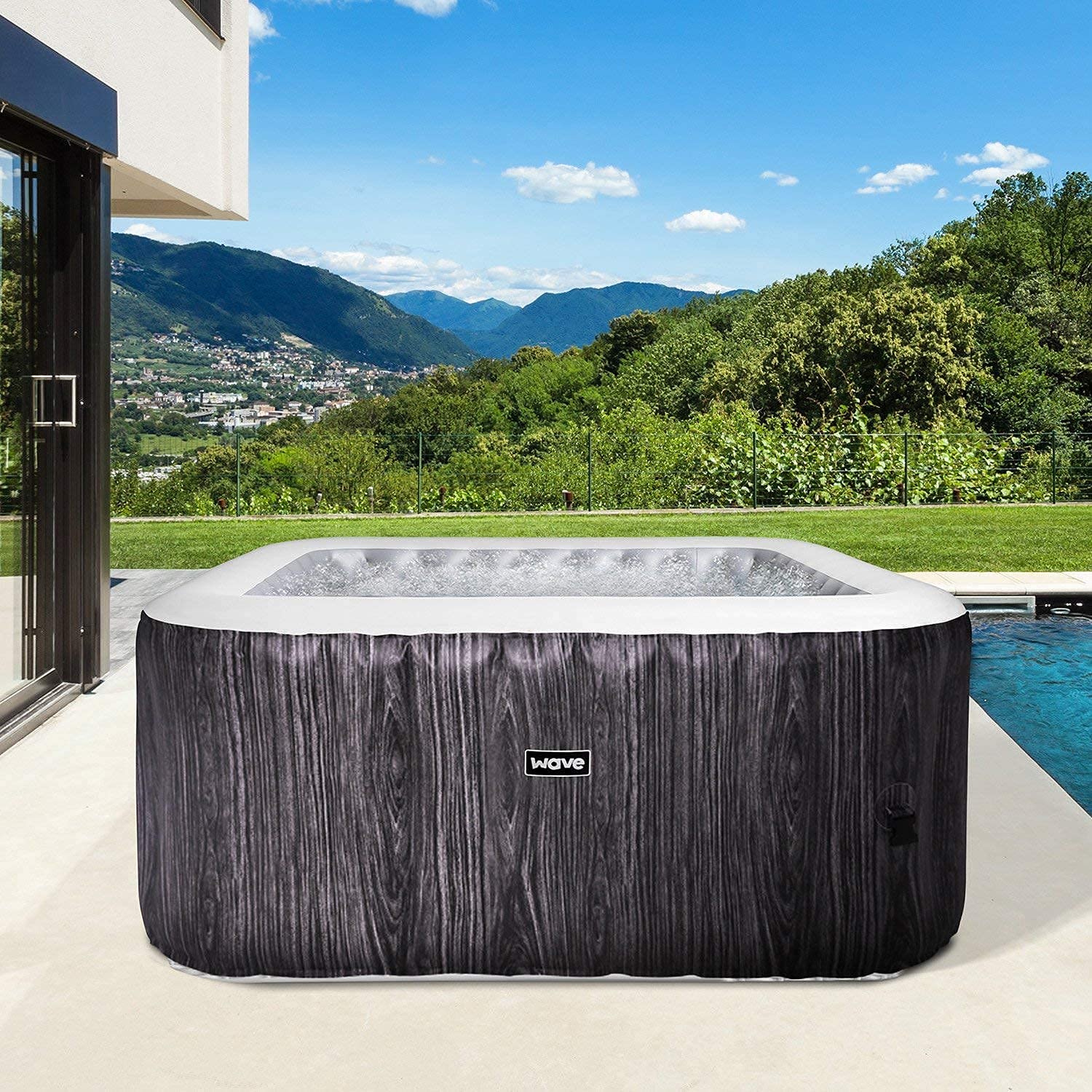 Wave Spa Pacific 2-4 Person Square Inflatable Hot Tub, Fast Heating Portable Outdoor Hot Tub Spa with 95 Massaging Air Jets, Protective Cover, Pump and Integrated Filters in Gray Wood Print