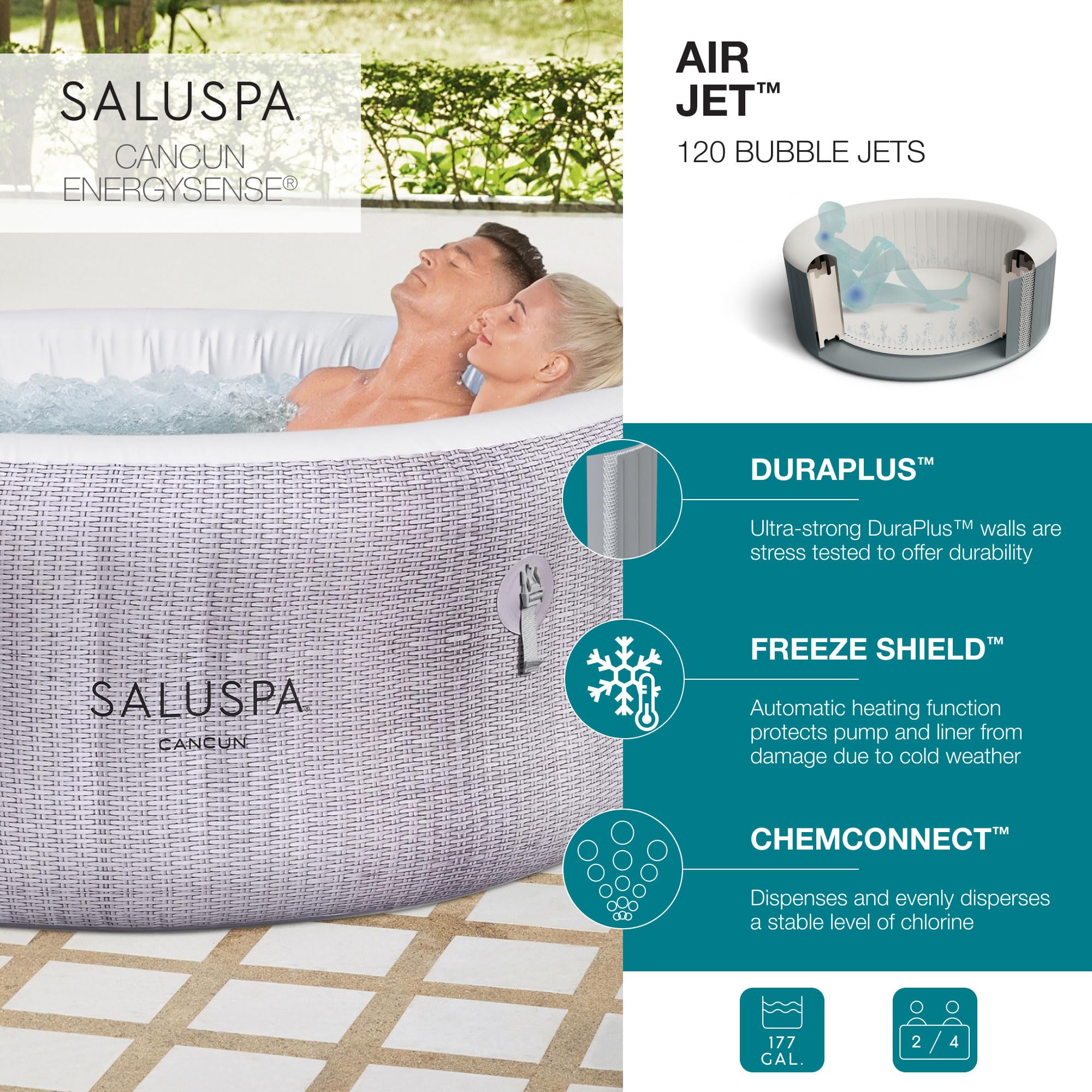 Bestway SaluSpa Cancun 71" x 26" Inflatable Hot Tub Round Portable Outdoor Spa with 120 AirJets and EnergySense Energy Saving Cover, Grey