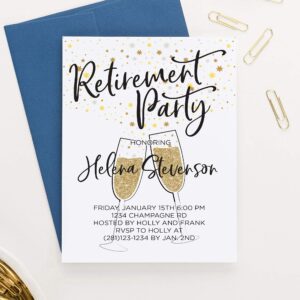 Modern Retirement Party Invitation, Gold Glitter Retirement Party Invites, Your choice of Quantity and Envelope Color