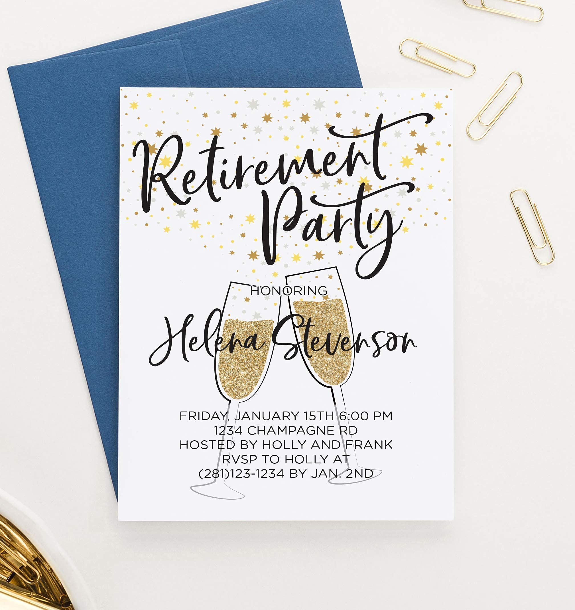 Modern Retirement Party Invitation, Gold Glitter Retirement Party Invites, Your choice of Quantity and Envelope Color