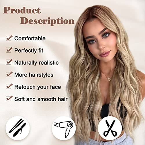 NAYOO Long Ombre Blonde Wavy Wig for Women 26 Inch Middle Part Curly Wavy Wig Natural Looking Synthetic Heat Resistant Fiber Wig for Daily Party Use (Ombre Blonde)