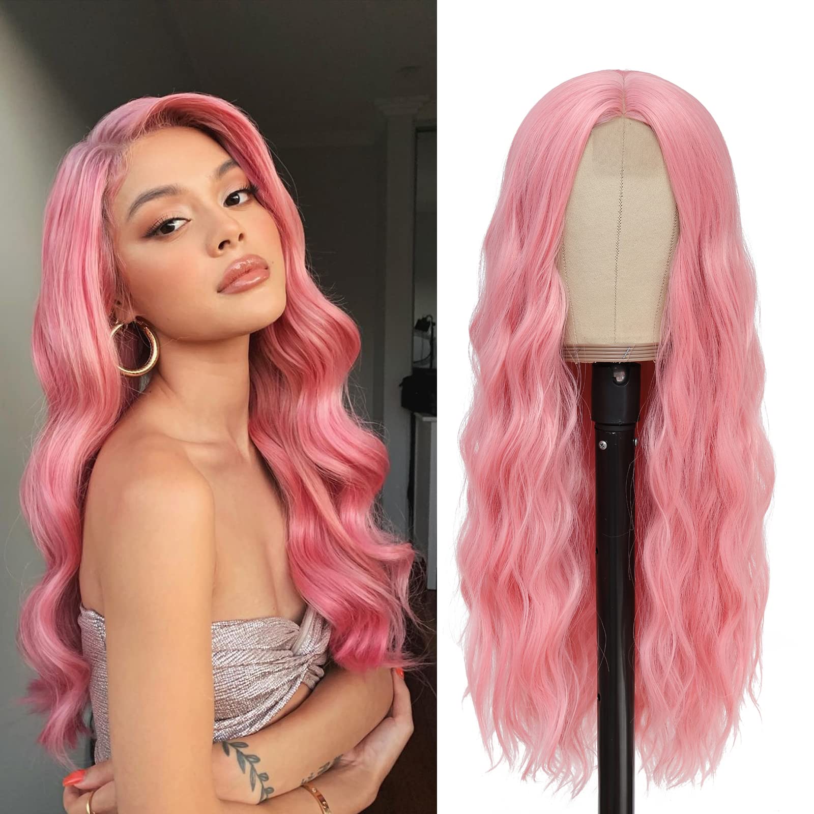 YBYMCAI Pink Wig - Long Pink Wavy Wigs for Women Middle Part Pastel Pink Wig 26 inch Natural Curly Synthetic Wig Heat Resistant Fiber Wigs for Daily Party Use