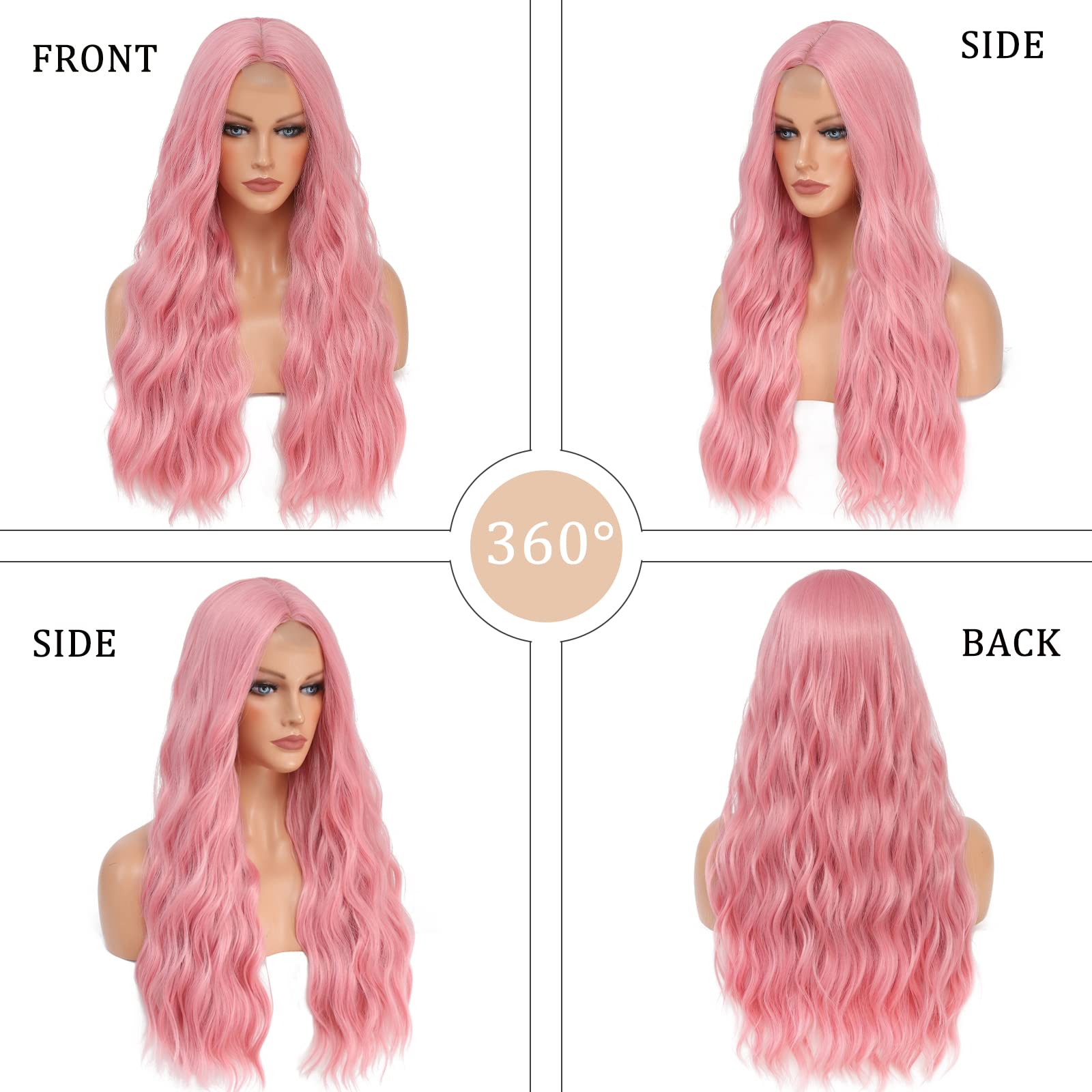 YBYMCAI Pink Wig - Long Pink Wavy Wigs for Women Middle Part Pastel Pink Wig 26 inch Natural Curly Synthetic Wig Heat Resistant Fiber Wigs for Daily Party Use