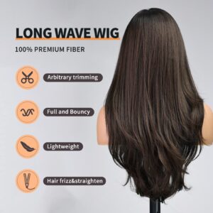 KOME Long Brown Highlight Wavy Wig for Women,Middle Part Curly Wavy Wig, Natural Looking Synthetic Heat Resistant Fiber Wig for Daily Party Use 26IN