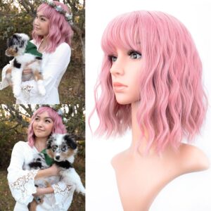 vckovcko pastel wavy wig with air bangs women's short bob purple pink wigs curly wavy shoulder length pastel bob wigs synthetic wig for white women girls daily use colorful wigs(12", purple pink)