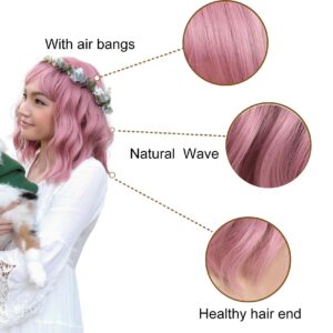 VCKOVCKO Pastel Wavy Wig With Air Bangs Women's Short Bob Purple Pink Wigs Curly Wavy Shoulder Length Pastel Bob Wigs Synthetic Wig for White Women Girls Daily Use Colorful Wigs(12", Purple Pink)