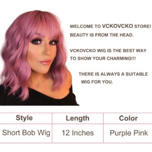 VCKOVCKO Pastel Wavy Wig With Air Bangs Women's Short Bob Purple Pink Wigs Curly Wavy Shoulder Length Pastel Bob Wigs Synthetic Wig for White Women Girls Daily Use Colorful Wigs(12", Purple Pink)