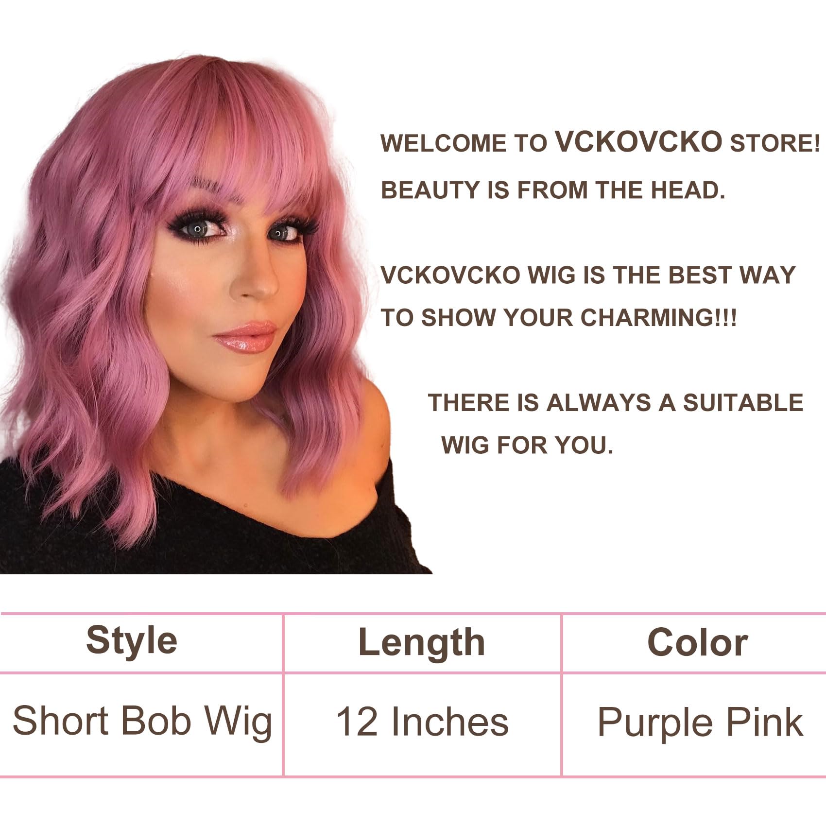 VCKOVCKO Pastel Wavy Wig With Air Bangs Women's Short Bob Purple Pink Wigs Curly Wavy Shoulder Length Pastel Bob Wigs Synthetic Wig for White Women Girls Daily Use Colorful Wigs(12", Purple Pink)